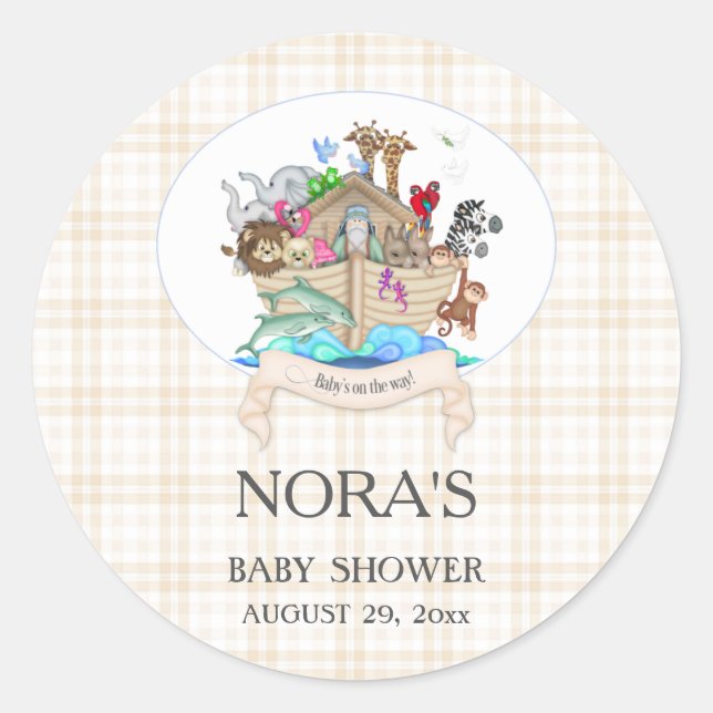 Noah's Ark Animals Ivory Gingham Runder Aufkleber (Vorderseite)