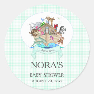 Noahs Ark Animals Mint Gingham Runder Aufkleber