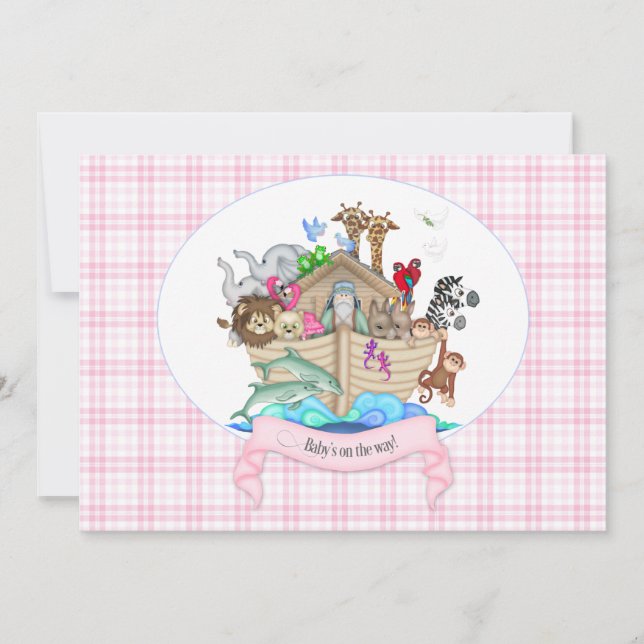 Noah's Ark Animals Pink Gingham Einladung (Vorderseite)