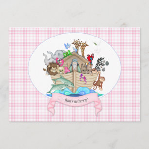 Noah's Ark Animals Pink Gingham Einladung