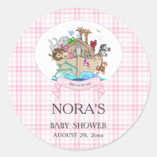 Noah's Ark Animals Pink Gingham Runder Aufkleber