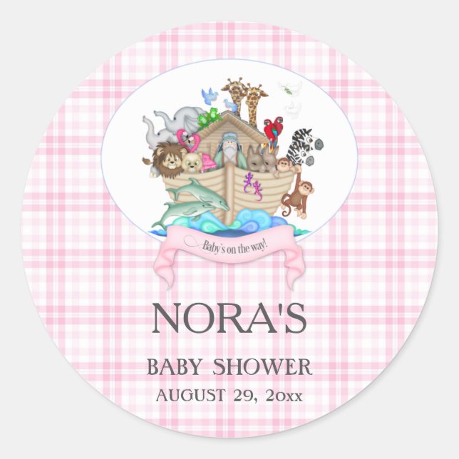Noah's Ark Animals Pink Gingham Runder Aufkleber (Vorderseite)