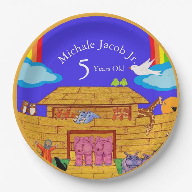 Noahs Ark Birthday Party Rainbow Elephant Pappteller (Vorderseite)