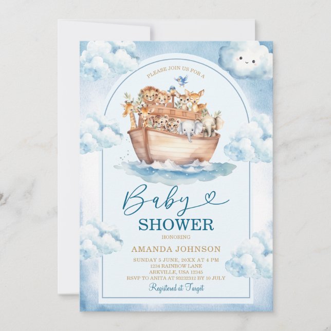  Noah's Ark Blue Watercolor Baby Shower Einladung (Vorderseite)