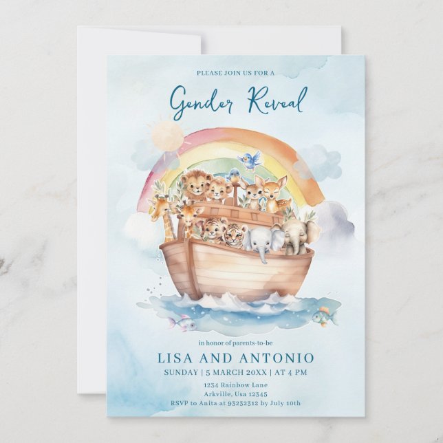 Noah's Ark Blue Watercolor Gender Reveal Einladung (Vorderseite)