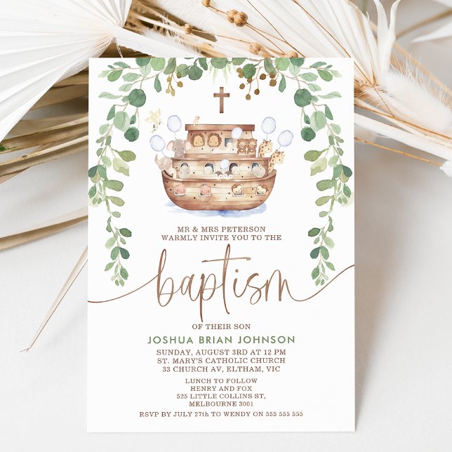 Noah's Ark Foliage Boys Taufe Einladung (Modern Noah's ark and foliage baptism invitation for a baby boy featuring a cute ark illustration.)