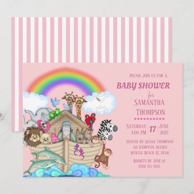 Noah's Ark Girls Baby Shower Einladung (Vorne/Hinten)