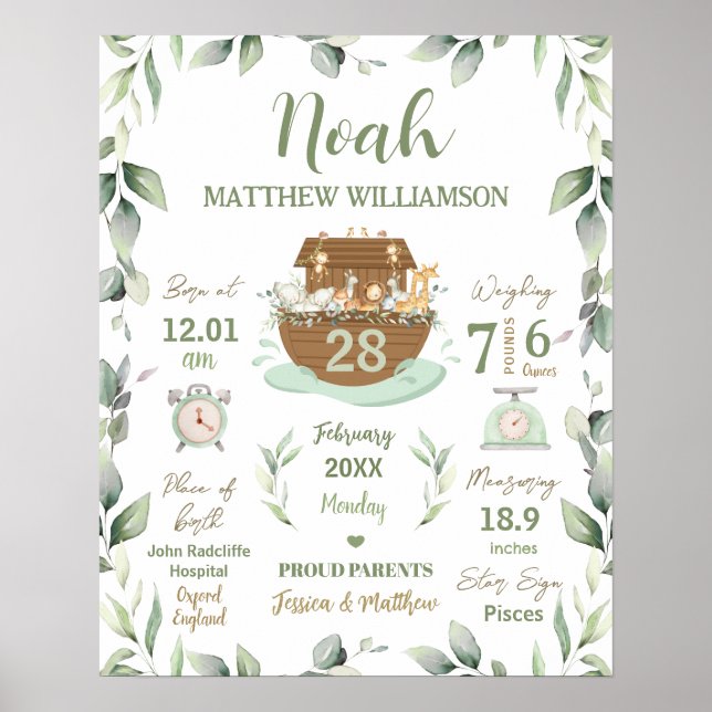 Noah's Ark Greenery Baby Birth Stats Kinderzimmer Poster (Vorne)