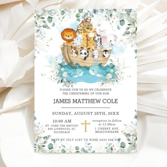 Noahs Ark Greenery Gender Neutral Baptismus Einladung (Von Creator hochgeladen)
