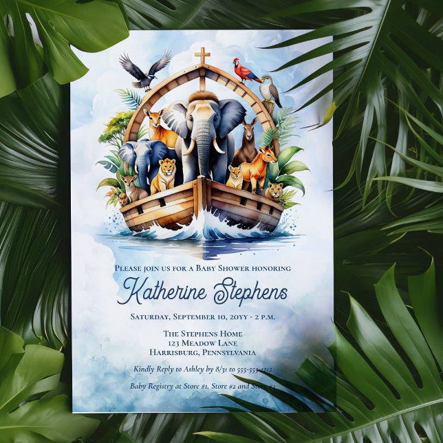 Noah's Ark Niedlicher Tiere Blue Boy Baby Shower Einladung (Noah's Ark Cute Animals Blue Boy Baby Shower Invitation)