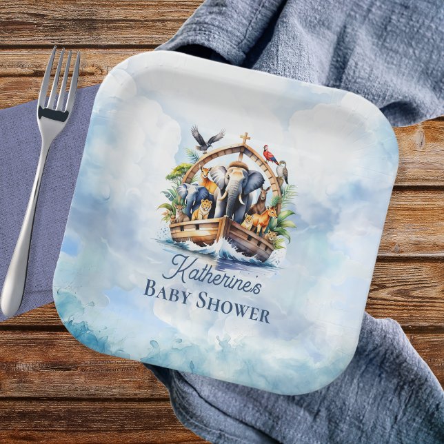 Noah's Ark Niedlicher Tiere Blue Boy Baby Shower Pappteller (Noah's Ark Cute Animals Boy Baby Shower Paper Plates)
