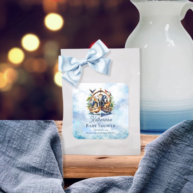 Noah's Ark Niedlicher Tiere Blue Boy Baby Shower Quadratischer Aufkleber (Noah's Ark Cute Animals Blue Boy Baby Shower Favor Square Sticker)