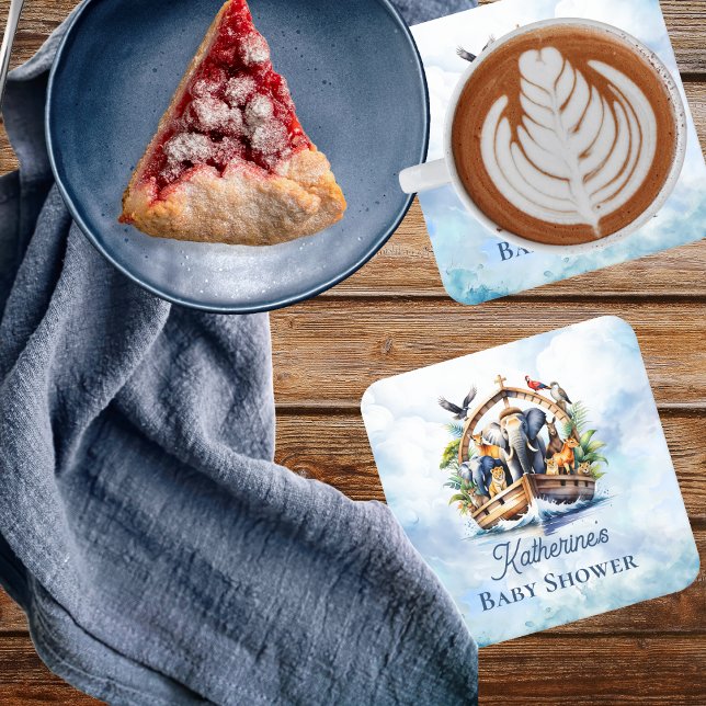 Noah's Ark Niedlicher Tiere Blue Boy Baby Shower Rechteckiger Pappuntersetzer (Noah's Ark Cute Animals Blue Boy Baby Shower Coaster)