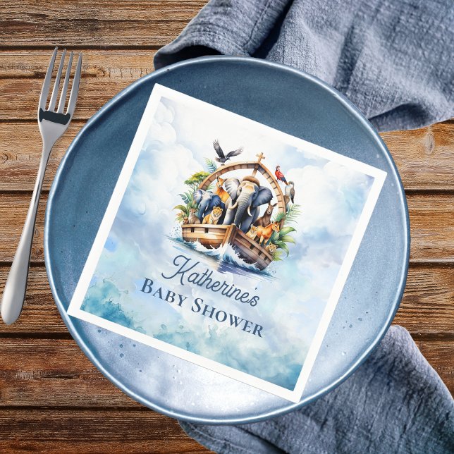 Noah's Ark Niedlicher Tiere Blue Boy Baby Shower Serviette (Noah's Ark Cute Animals Boy Baby Shower Paper Napkins)