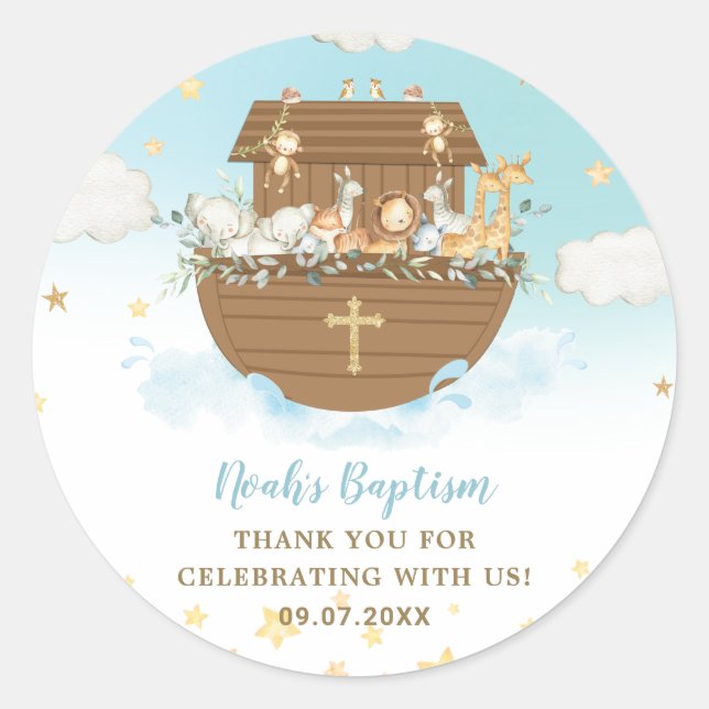 Noahs Ark Niedlicher Tiere Blue Boy Baptism Gunst Runder Aufkleber (Vorderseite)