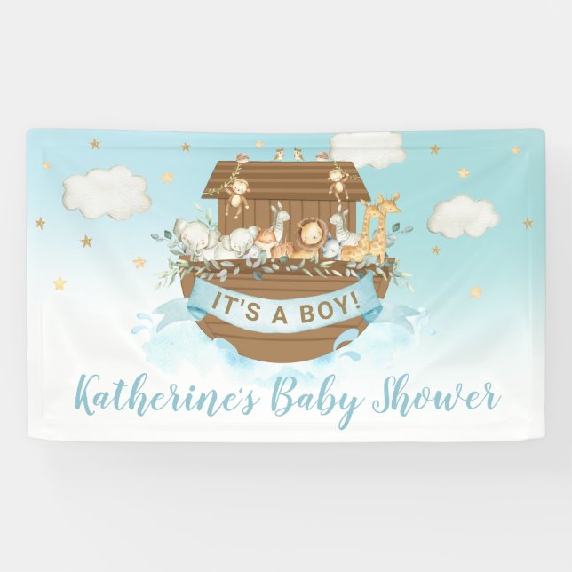 Noah's Ark Niedlicher Tiere Boy Baby Shower Hinter Banner (Horizontal)