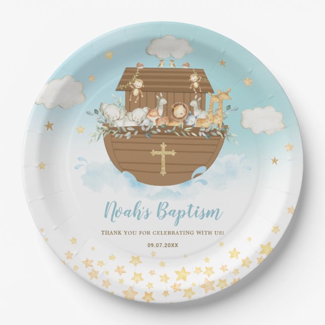 Noah's Ark Niedlicher Tiere Boy Baptism Christenin Pappteller (Vorderseite)
