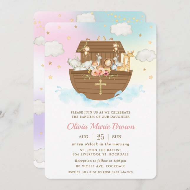 Noah's Ark Niedlicher Tiere Girl Baptism Christeni Einladung (Vorne/Hinten)
