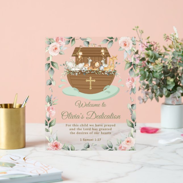 Noah's Ark Pink Floral Dedications Christening Acrylschild (Hochzeit)