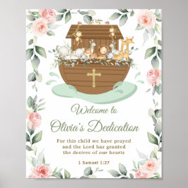 Noah's Ark Pink Floral Dedications Christening Poster