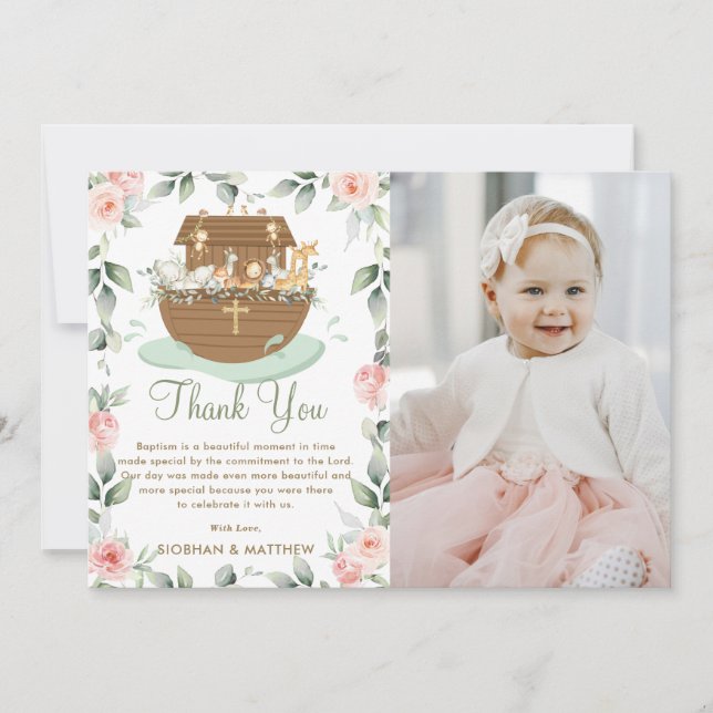 Noah's Ark Pink Floral Girl Taufe Christening Dankeskarte (Vorderseite)