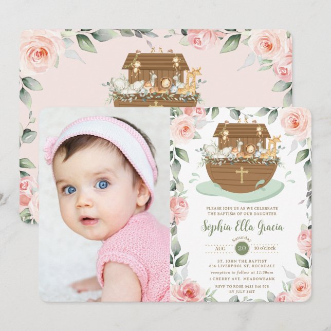 Noah's Ark Pink Floral Girl Taufe Christening Einladung (Vorne/Hinten)