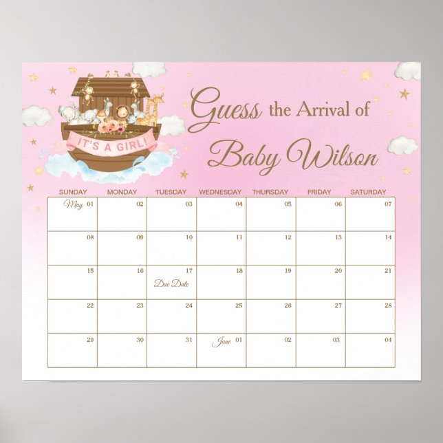 Noah's Ark Pink Girl Guess Baby's Due Date Game Poster (Vorne)