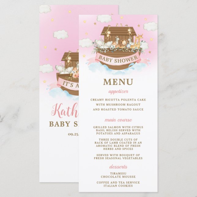 Noah's Ark Pink Girl Twins Baby Shower Programm (Vorne/Hinten)