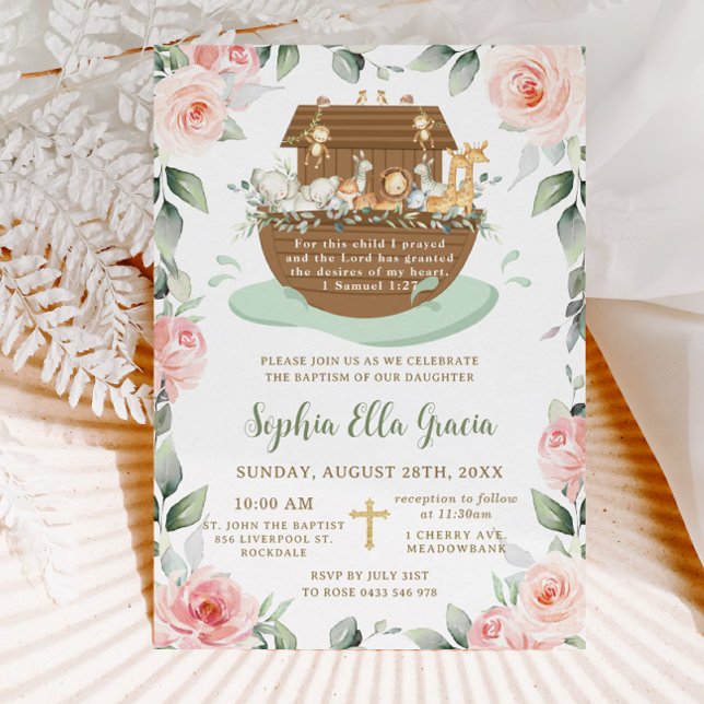 Noah's Ark Pink Roses Grüne Taufe Christening Einladung (Lovely Noah's ark pink floral greenery girl baptism christening invitation cards )