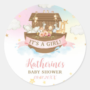 Noahs Ark Rainbow Animals Girl Baby Shower Gefalle Runder Aufkleber
