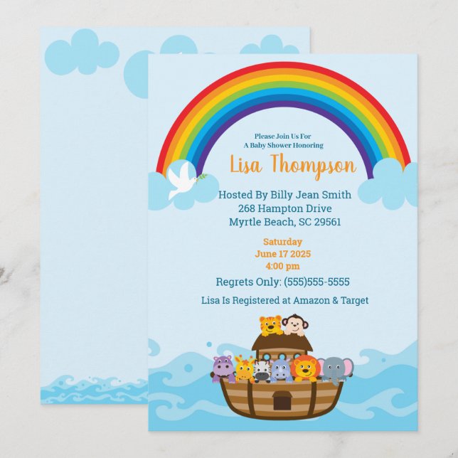 Noah's Ark Rainbow Baby Shower Einladung (Vorne/Hinten)