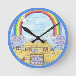 Noah's Ark Watercolor Rainbow Animal Elephant Runde Wanduhr