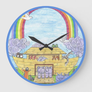 Noah's Ark Watercolor Rainbow Funny Elephant Große Wanduhr