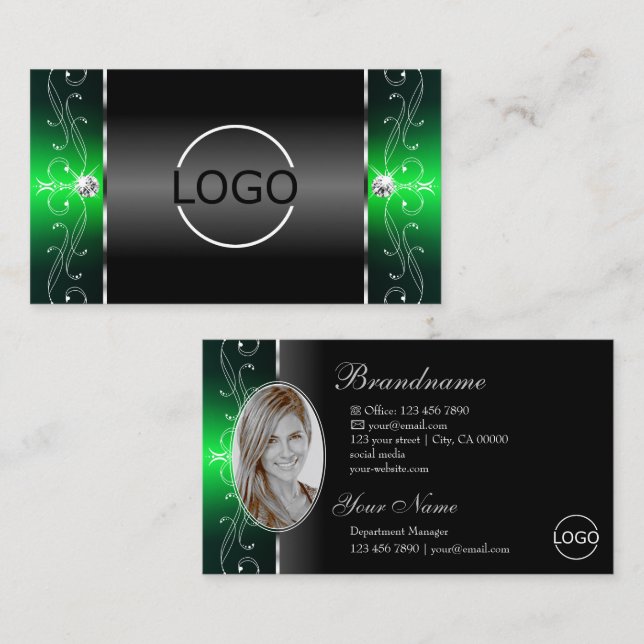 Noble Black Green Squiggled Jewels Logo und Foto Visitenkarte (Vorne/Hinten)