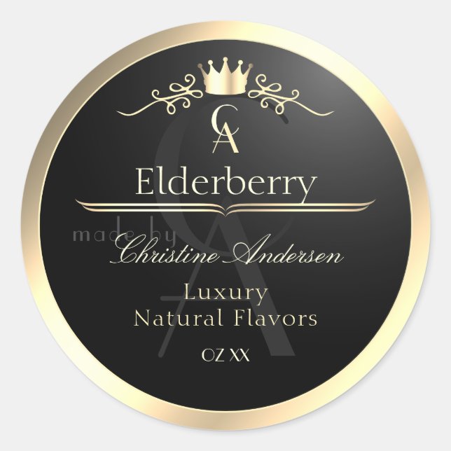 Noble Black Product Label with Gold Frame Monogram Runder Aufkleber (Vorderseite)