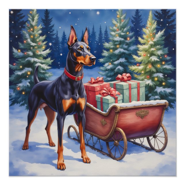 Noble Doberman Guarding Christmas Sleigh Winter Poster (Vorderseite)
