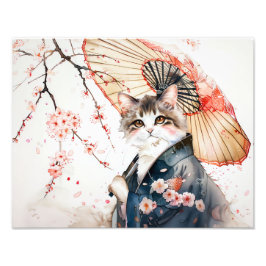 Noble Geisha Katze mit Bambusschirm auf Chinesisch Fotodruck