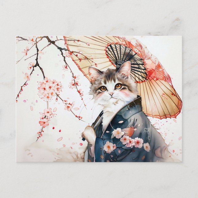 Noble Geisha Katze mit Bambusschirm auf Chinesisch Postkarte (Vorderseite)