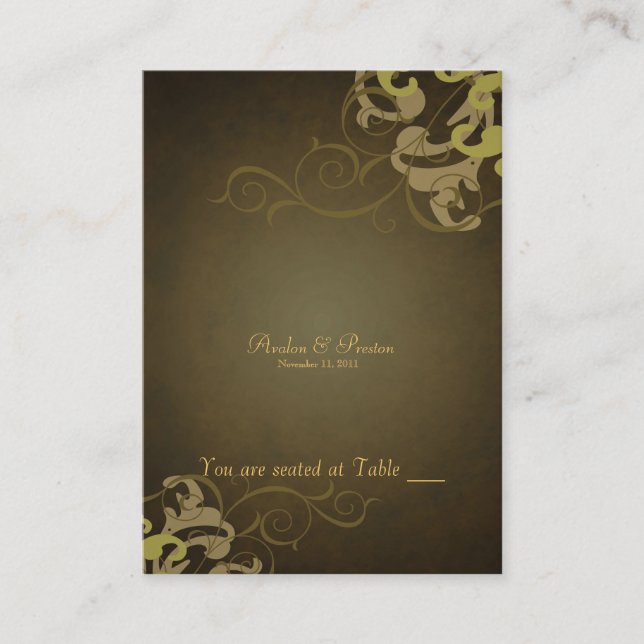 Noble Gold & Brown Scroll Table Platzkarte (Vorderseite)