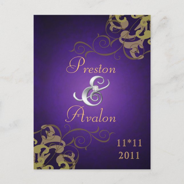 Noble Gold Scroll Lila Save the Date Postkarte (Vorderseite)
