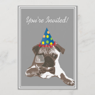Noble Mops-u. Wein-Geburtstags-Party Einladung
