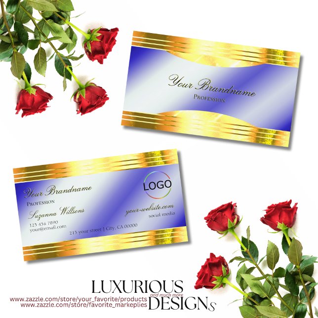 Noble Royal Blue Shiny Gold Borders mit Logo Chic Visitenkarte (Von Creator hochgeladen)