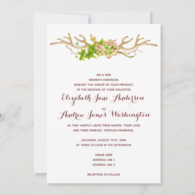 Noble rustikale Wedding Geweihe u. Wildblumen Einladung (Vorderseite)