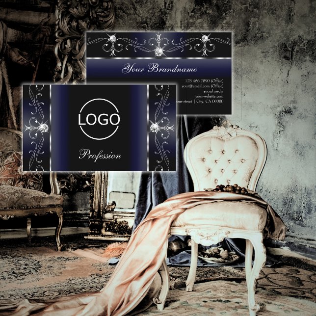 Noble Schwarz Blau Weiß gezackte Juwelen mit Logo Visitenkarte (Von Creator hochgeladen)