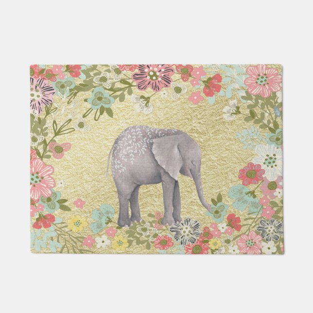 Nobler Aquarell-Elefant-Blumenrahmen-Goldfolie Fußmatte (Vorderseite)