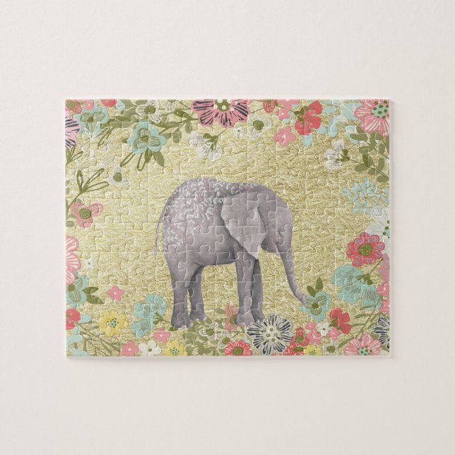 Nobler Aquarell-Elefant-Blumenrahmen-Goldfolie Puzzle (Horizontal)