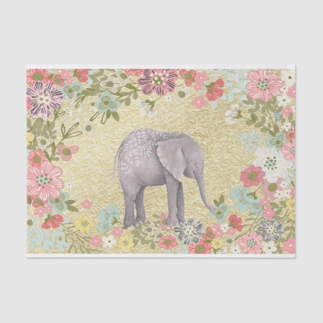 Nobler Aquarell-Elefant-Blumenrahmen-Goldfolie Seidenpapier (Vorderseite)