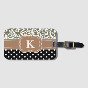 Nobler Blumendamast-Tupfen-TAN-Monogramm-Name Gepäckanhänger