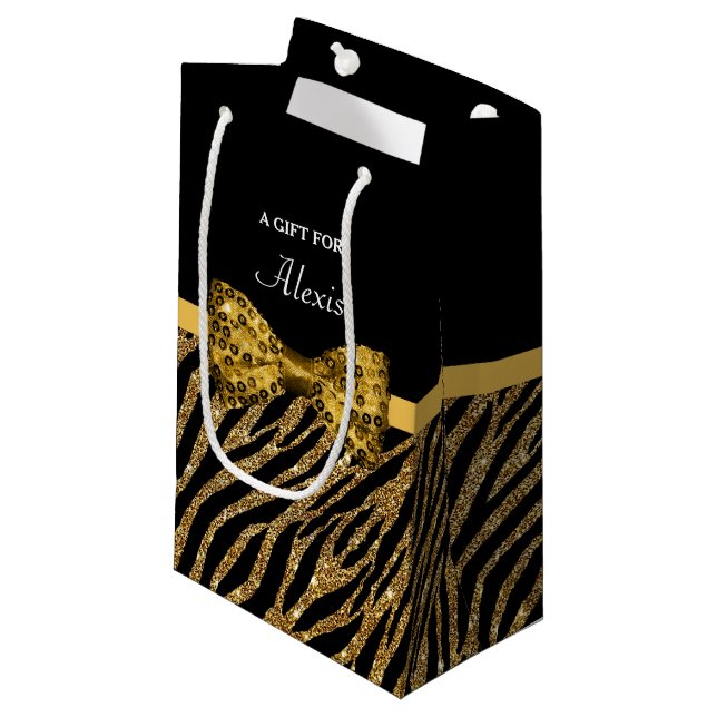 Nobler Goldzebra-Druck IMITAT Glitz-Bogen mit Kleine Geschenktüte (Vorderseite Schrägansicht)