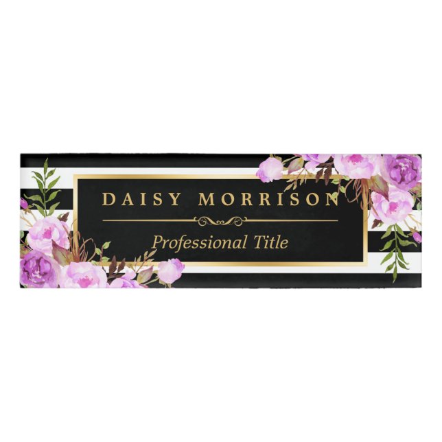 Nobles lila BlumengoldSchwarz-weiße Streifen Namenschild (Vorderseite)
